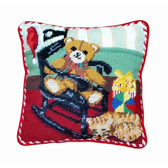 Christmas Needlepoint Throw Pillow Teddy Bear Cat VTG Red Velvet Rocking Chair - Picture 7 of 7